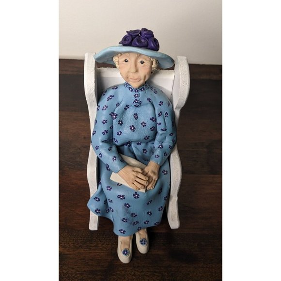 VTG Polymer Clay Handmade Old Woman Sitting on a Rocking Chair - 8" Hat Flowers - Picture 2 of 15
